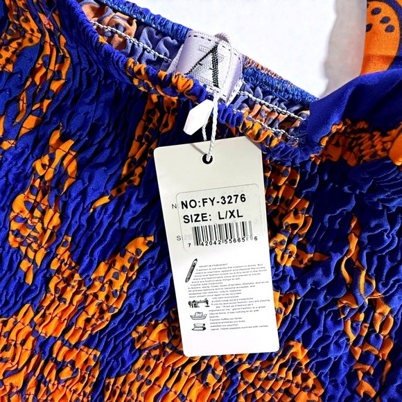 New Blue Orange Tropical Floral Smocked Crop Top Wide Leg Pants Set FY-3276 L/XL - Picture 6 of 14